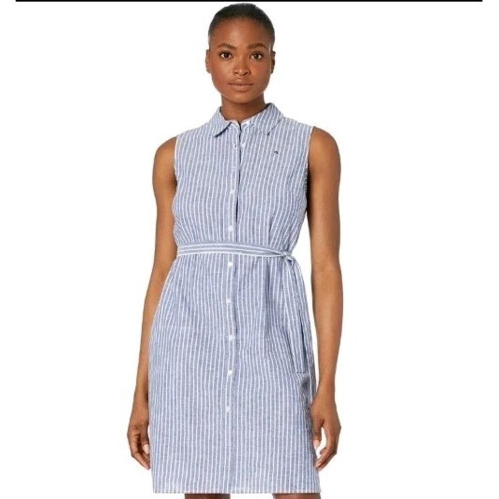 Tommy Hilfiger Women's Dress 10 Blue White Striped 100% Cotton Full Buttons Tie